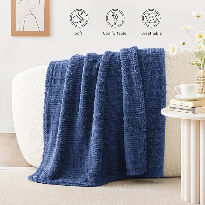 EXQ Home Fleece Throw Blanket for Couch or Bed - 3D Waffle Patchwork Pattern Jacquard Decorative Blankets - Cozy Soft Lightweight Fuzzy Flannel Blanket Suitable for All Seasons(50"×60",Dark Blue)
