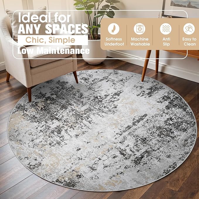 Round Rug 6ft Circle Rug Washable: Carpet Small Circular Area Rug for Entryway Kitchen Bedroom Dining Room Living Room 6 Feet Abstract College Dorm Non Slip Low Pile Black Grey Gold