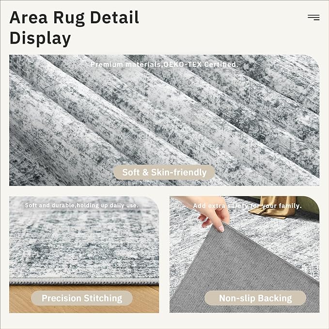 Soalmost 9x12 Area Rugs for Living Room, Non Slip Machine Washable Vintage Rugs, Low Pile Lightweight Large Rug for Bedroom, Dining Room, Home Office Grey