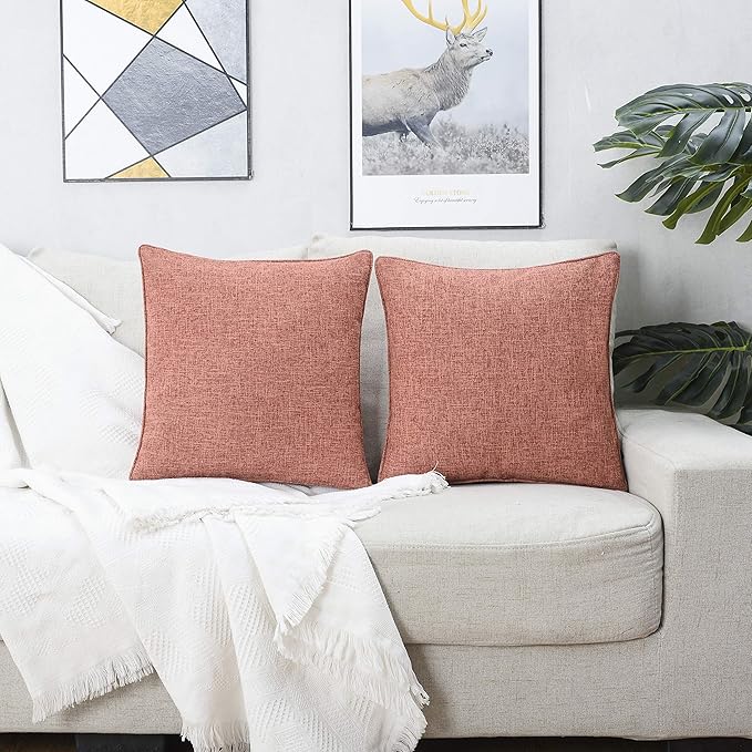 HPUK Linen Throw Pillow Covers Pack of 2, 18x18 Inch Accent Cushion Covers for Living Room, Bedroom, Decorative Solid Color Pillow Covers for Couch, Sofa, Chair, Coral