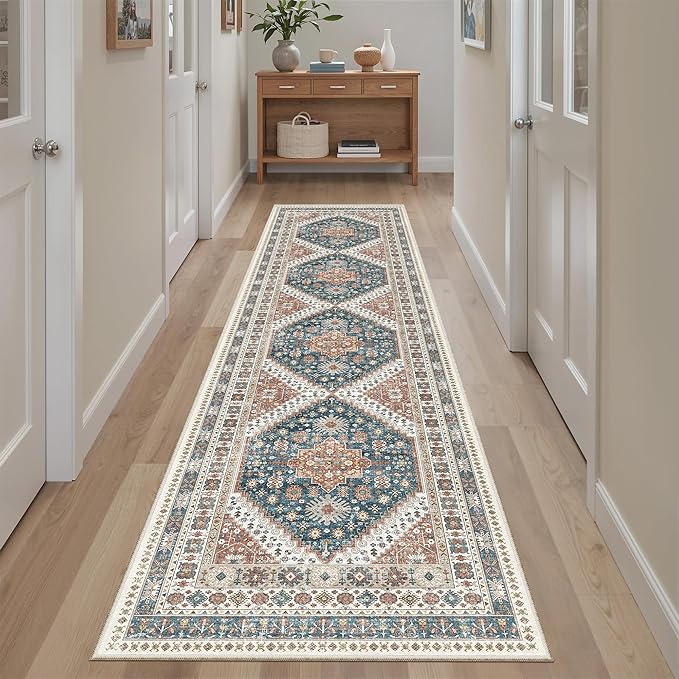 Madane Runner Rug 2x8, Washable Hallway Runner Rugs, Non-Slip Low-Pile Soft Kitchen Rug Runner Laundry Room Rug, Vintage Throw Entry Foyer Mat for Entrance Living Room (Navy Blue, 2 x 8)