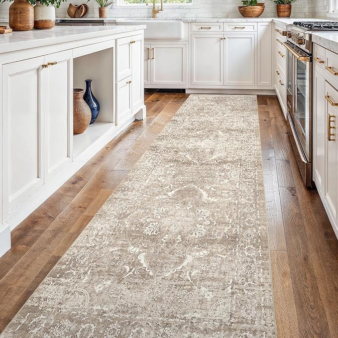2'6"x14' Washable Hallway Runner Rug - Non Slip Kitchen Runner Rugs with Rubber Backing Vintage Low-Pile Carpet Runners for Entryway Dining Room Laundry Room Home Decor (Beige)