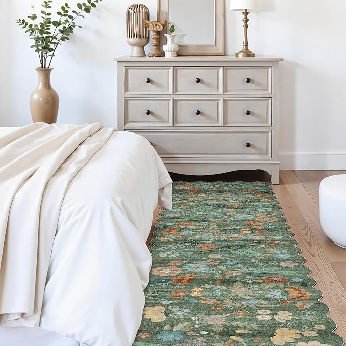 Washable 2'6x12 Hallway Runner Rug: Soft Entryway Kitchen Floral Runners Non Slip Water Resistant Nursery Bathroom Floor Mat Light Weight Carpet for Living Room Bedroom (2'6x12 Floral/Green)