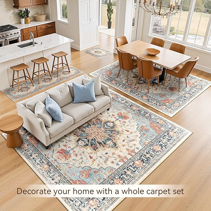 Area Rugs 2'x10' Runner Rug Non Slip Washable for Kitchen Hallway Bedroom Beside Laundry Room Bathroom Rug, Floor Carpet, Beige Navy Blue Orange Colorful
