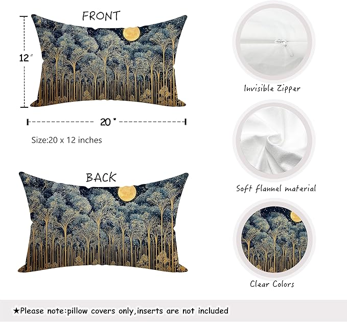 Rustic William Morris Night Forest Moon Decor Pillow Covers 12x20,Vintage Dark Gold Botanical Nature Landscape Decorative Throw Pillow Covers for Home Bedroom Living Room