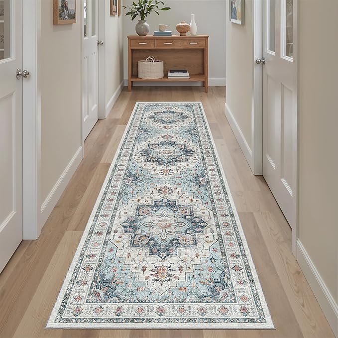 Madane Runner Rug 2x8, Washable Hallway Runner Rugs, Non-Slip Low-Pile Soft Kitchen Rug Runner Laundry Room Rug, Vintage Throw Entry Foyer Mat for Entrance Living Room (Blue, 2 x 8)