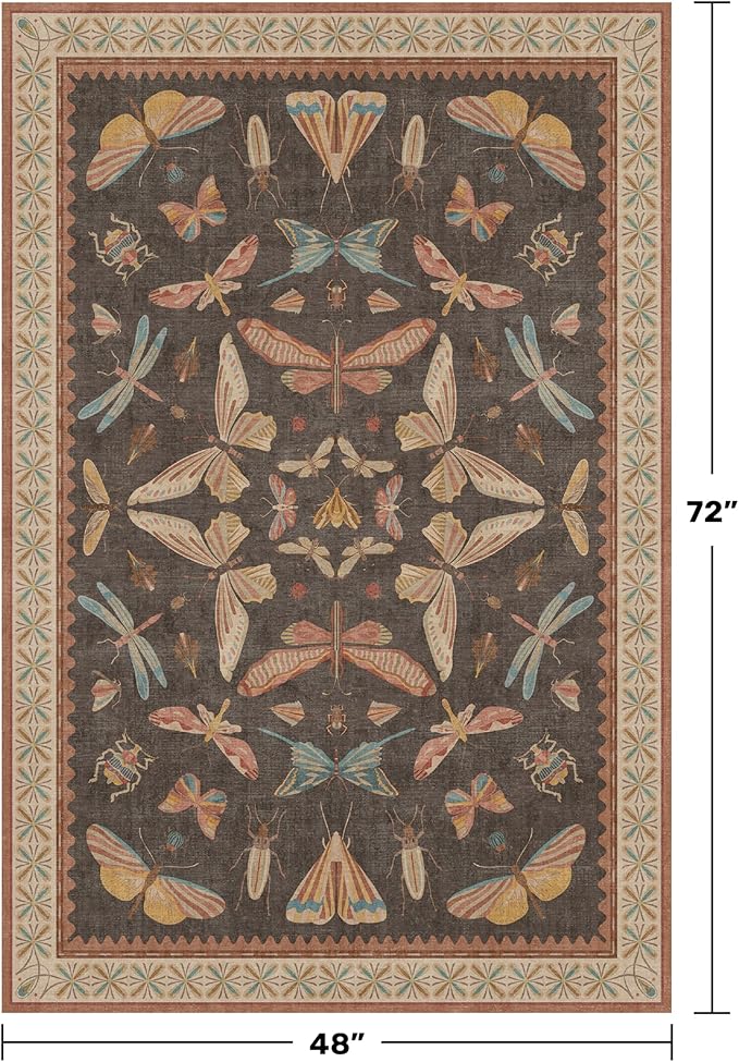 Brown Washable Area Rug for Living Room - 4x6 Large Entryway Rugs, Vintage Insect Soft Stain Resistant Carpet for Bedroom, Kitchen, Non Slip with Rubber Backing, Aesthetic Décor Indoor
