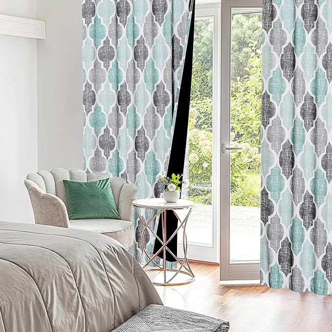 Beauoop 100% Blackout Curtains 84 Inches Long 2 Panels for Bedroom Living Room Aqua Grey Moroccan Geo Room Darkening Thermal Insulated Soundproof Rod Pocket Back Tab Window Treatments Drapes, 50x84