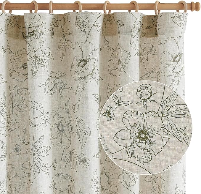 jinchan Floral Linen Curtains for Living Room 63 Inch Length Green Flower Curtain Rod Pocket Back Tab Farmhouse Curtains with Printed Floral Bedroom Window Curtain Set, 2 Panels Green