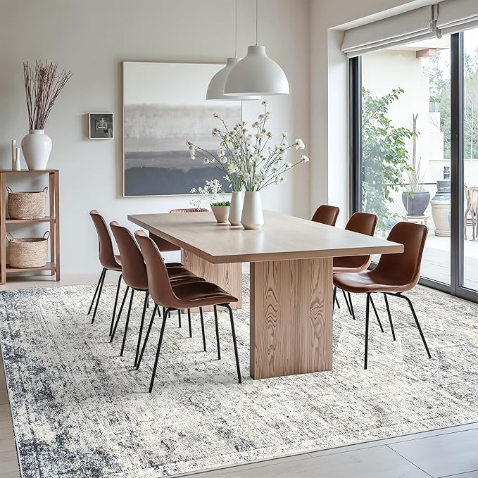 Washable Area Rug 8x10, Large Soft Rugs for Living Room Vintage 8x10 Area Rugs for Bedroom Dining Room Non-Slip Stain Resistant Under Table Blue Ivory Rug