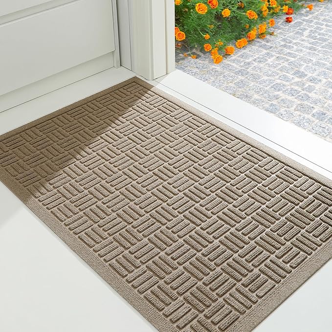 Mibao Front Door Mat Indoor Outdoor Entrance, Dirt Trapping Waterproof All-Season, All-Weather Doormat, Non-Slip Durable Natural Rubber Low Profile Easy Clean Patio Entrance Mat, 36" x 24", Beige
