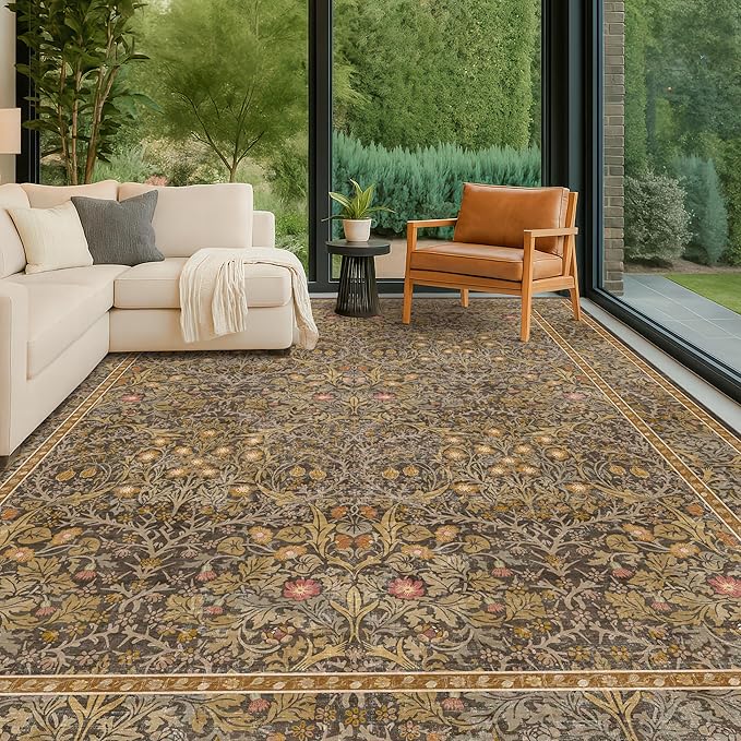 Hazo Haus Washable Living Room Rug 10x12 - Brown Oriental Area Rug for Dining Room Under Table, Low Pile Non-Slip Floor Decor for Bedroom Under Bed - Vintage Earthy Design & Stain Resistance