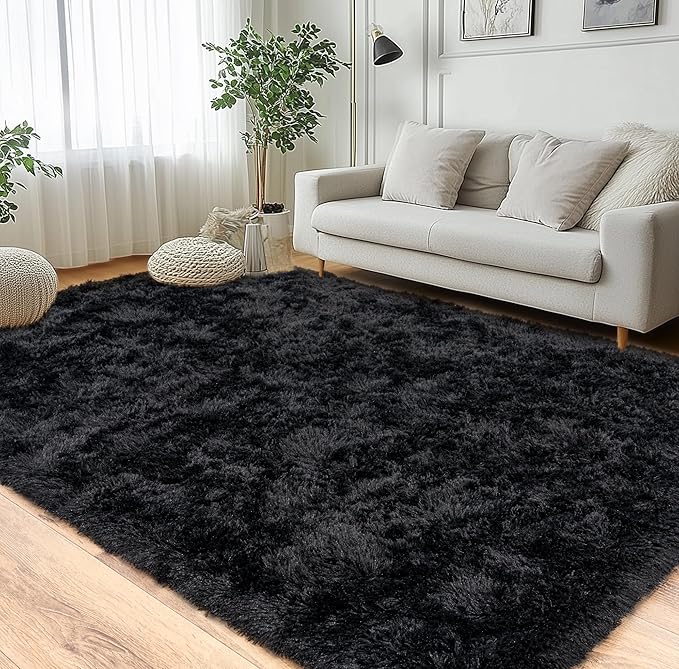 Pionblank Super Fluffy Area Rug for Living Room 5x7 Feet, Modern Indoor Shaggy Carpet, Soft Plush Non Slip Rugs for Bedroom Kids Room Cloakroom Home Decor, Black