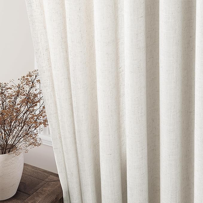 Cream Linen Back Tab Curtains 63 Inch Length for Living Room 2 Panel Set Neutral Modern Farmhouse Window Curtain Privacy Semi Sheer Linen Drapes Rustic Pinch Pleated Look Curtain Natural Ivory