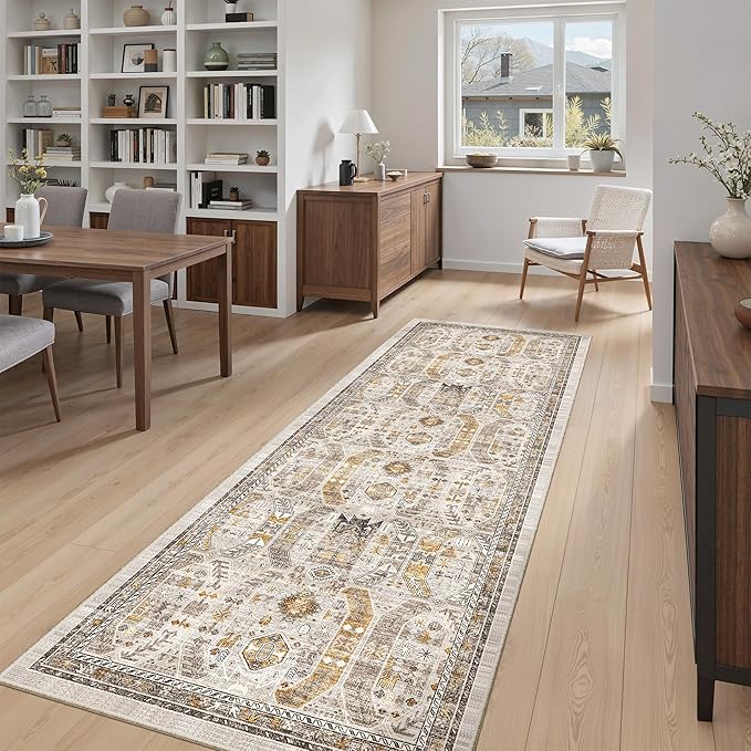 Madane Hallway Runner 3x8, Kitchen Rugs Washable Entryway Rug Vintage Kitchen Runners Non Slip Indoor Area Rug Farmhouse Carpet Runner for Bathroom Living Room Bedroom (3 X 8, Brown/Gold)