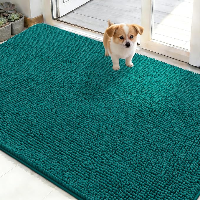 OLANLY Dog Door Mat for Muddy Paws 50x30, Absorbs Moisture and Dirt, Absorbent Non-Slip Washable Doormat, Quick Dry Chenille Mud Mat for Dogs, Entry Indoor Entryway Carpet for Inside Floor, Lake Blue