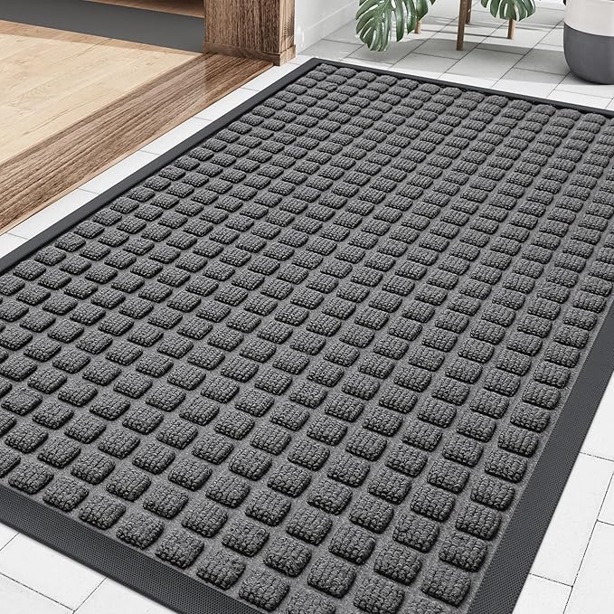 Smiry Front Door Mat Outside Entrance, Heavy Duty Natural Rubber Doormat, Non Slip, Trap Dirt and Moisture, Easy Clean, Low Profile Welcome Floor Mats for Indoor Outdoor Entry, 35x23 Inch, Grey