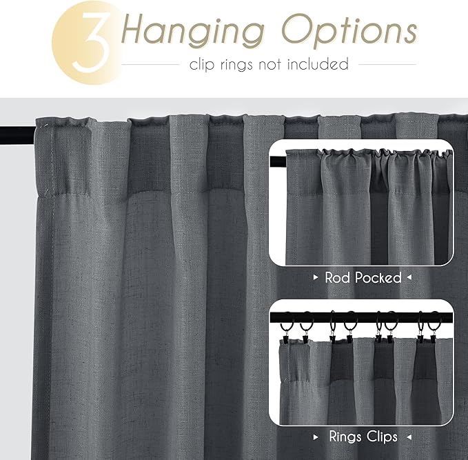 Dark Gray Curtains for Living Room Back Tab Modern Farmhouse Semi Sheer Gray Curtains 102 inches Long 2 Panels Set Muted Neutral Window Curtain for Dining Room Bedroom 52x102