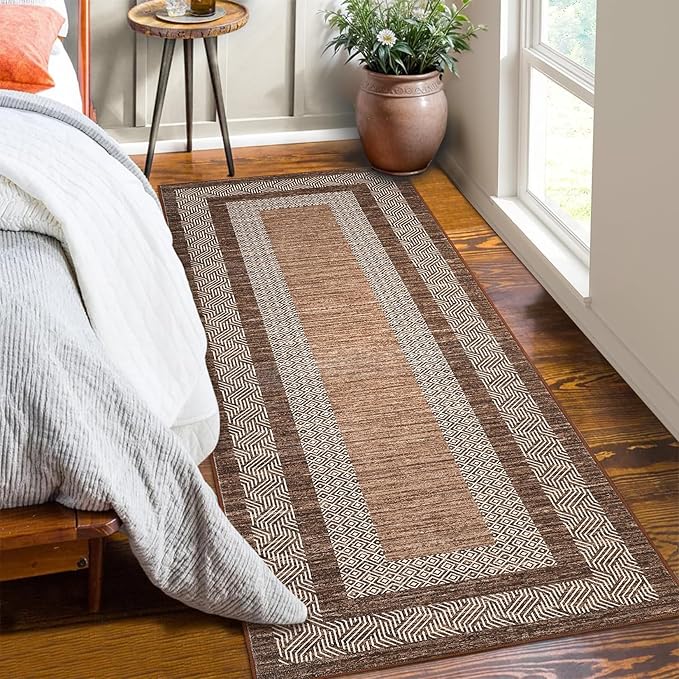 GarveeHome 2.5x8 Modern Bordered Runner Rug Soft Non Slip Washable Floor Carpet Distressed Geometric Hallway Indoor Printed Rug for Kitchen Entrance, Dark Brown