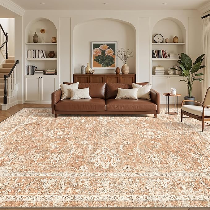 Madane 9x12 Area Rugs for Living Room, Machine Washable Vintage Rug with Non-Slip Backing, Soft Floral Print Large Throw Rugs, Thin Carpet for Bedroom Dining Room Farmhouse (9 x 12, Jasper Orange)