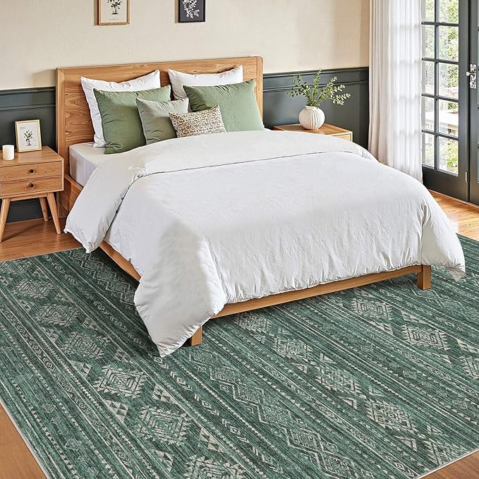 Nakagishi 6x9 Area Rugs Living Room: Washable Boho Large Neutral Soft Farmhouse Rug Stain Resistant Modern Indoor Floor Non-Slip Carpet for Bedroom Nursery Kids Playroom Office Dining Room Dorm- Green