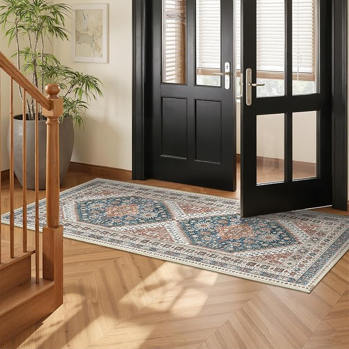 2x5 Rug Runner Washable for Entryway, Soft Bathroom Rugs with Non-Slip Backing,Vintage Low Pile Stair Runner, Small Kitchen Carpet for Hallways, Laundry Room(Blue/Red,2'x5')