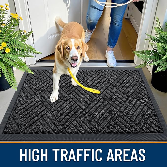 OLANLY Front Door Mat Outside Entrance 35x23, Absorbent, Heavy Duty Sturdy Natural Rubber Doormat Indoor Outdoor, Stain and Fade Resistant, Non-Slip Low Profile Floor Mat for Entryway, Black Diamond