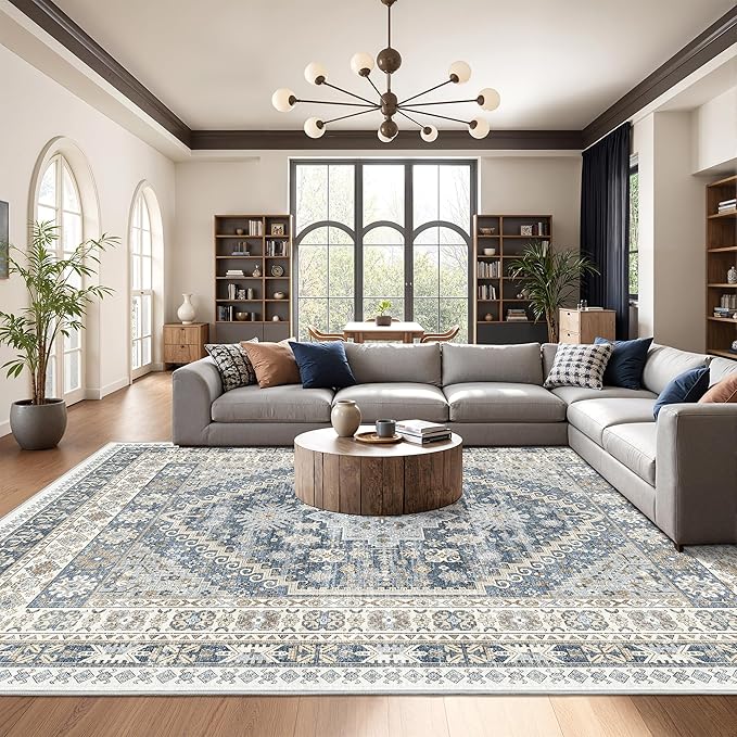 Washable Rugs 8x10 Area Rugs for Living Room, Non-Slip Backing Large Rug for Nursery Room, Vintage Floral Bedroom Rugs, Thin Indoor Home Decor Soft Farmhouse Rug (Blue/Beige,8'x10')