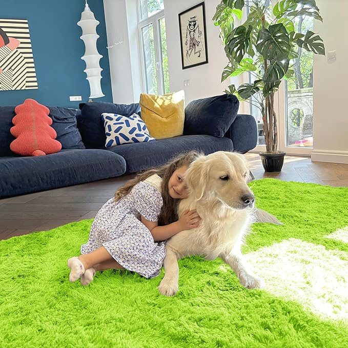OLANLY 5x7 Machine Washable Large Area Rugs for Living Room, Bedroom, Soft Fluffy Shaggy Bedside Rug, Indoor Floor Carpet for Kids Girls and Boys, Dorms, Nursery, Home Decor Aesthetic, Lime Green