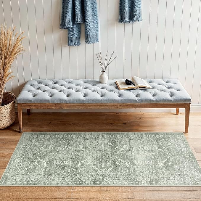 2x5 Washable Hallway Runner Rug - Non Slip Kitchen Runner Rugs with Rubber Backing Vintage Low-Pile Carpet Runners for Entryway Dining Room Laundry Room Home Decor (Muted Sage Green)