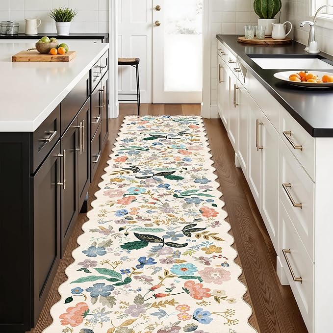 Washable Hallway 2'6x12 Runner Rug: Floral Scalloped Rug for Kitchen Entryway Farmhouse Soft Carpet for Bathroom Bedroom Thin Laudry Living Room Floor Mat with Non Slip Backing(2'6''x12',Cream)