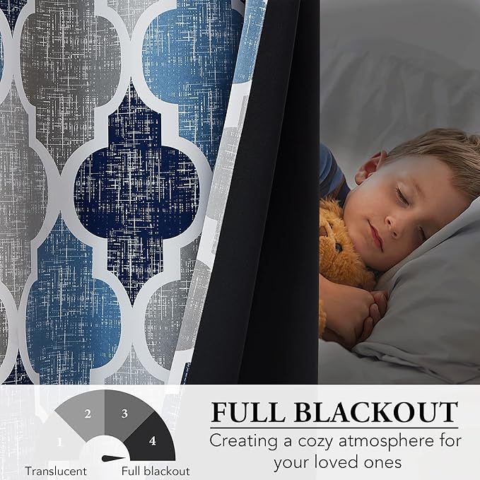 Beauoop 100% Blackout Curtains 63 Inches Long 2 Panels for Bedroom Living Room Blue Grey Moroccan Geo Room Darkening Thermal Insulated Soundproof Rod Pocket Back Tab Window Treatments Drapes, 50x63