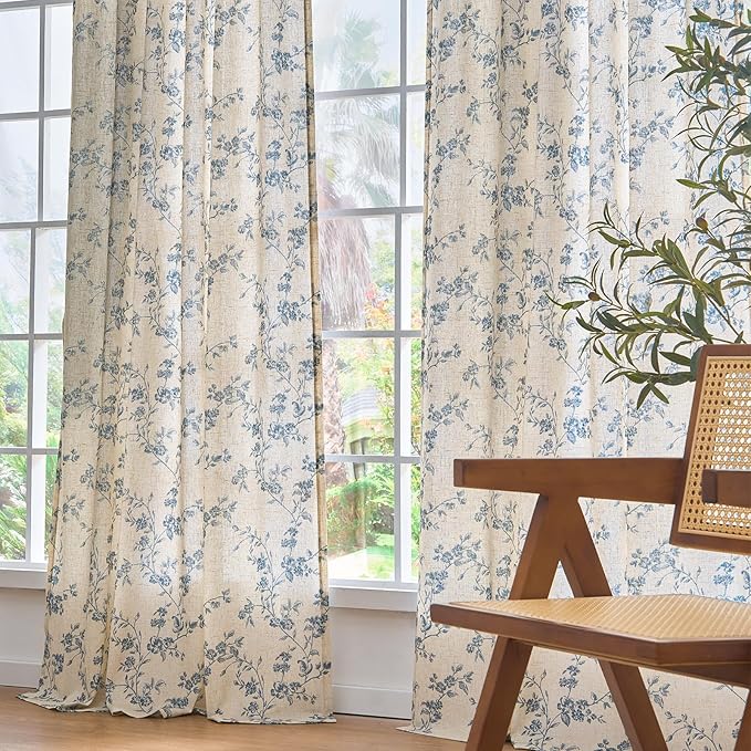 Lazzzy 90 Inch Length Curtain for Living Room Bedroom Blue Floral Drapes Linen Farmhouse Vintage Light Filtering Curtains Rod Pocket Back Tab, 2 Panels, Blue on Beige