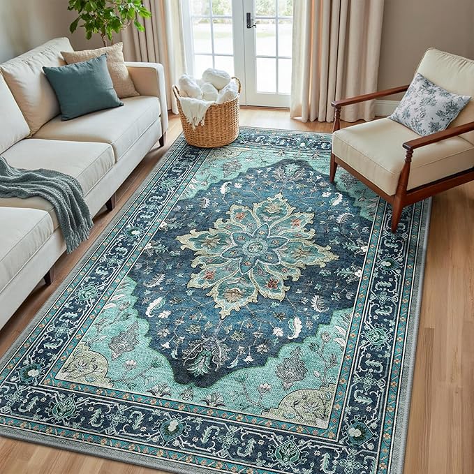 RELEANY Area Rugs 5'x8' Washable Non-Slip, Floral Vintage Distress Print Pattern Medallion Carpet for Living Room Bedroom Dining Room, Teal Green Lake Blue Turquoise