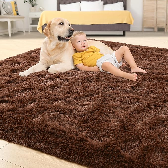 Tepook Super Soft Fluffy Rug for Bedroom, Modern Shaggy Fuzzy Kids Rugs for Living Room, Plush Indoor Nursery Home Decor Dorm Carpet with Non-Slip Bottom, Brown, 4 X 6 Feet