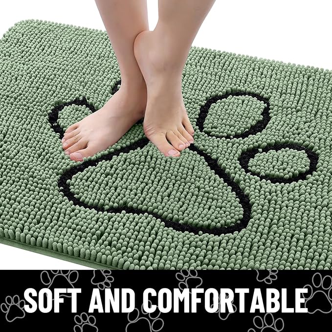 Smiry Dog Door Mat for Muddy Paws, Absorbent Dirt Trapper Non Slip Quick Dry Washable Chenille Mat for Mud Dogs, Entry Rug for Indoor and Outdoor (30x20 Inches, Olive Green and Black)