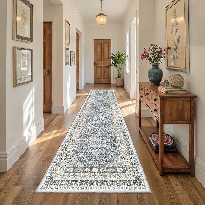 Carpet Runners for Hallway 12ft, Non-Slip Long Bathroom Rugs Runner for Kitchen, Bedroom, Soft Vintage Washable Rug for Entryway, Thin Floor Mat for Dining Room(Blue/Beige,2.5'x12')
