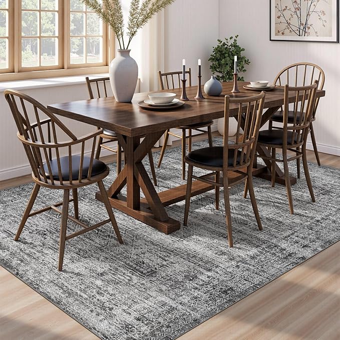 UERMEI 7x9 Area Rug Living Room Rugs - Washable Neutral Modern Abstract Soft Thin Rug Indoor Floor No Slip Rug Carpet for Bedroom Under Dining Table Home Office Decor - Dark Gray