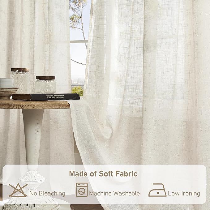 LAMIT Cream Ivory Linen Curtains 95 Inches Long 2 Panels Set for Bedroom, Back Tab and Rod Pocket Linen Textured Natural Curtains Light Filtering Boho Drapes for Living Room/Dining Room, 52 x 95 Inch