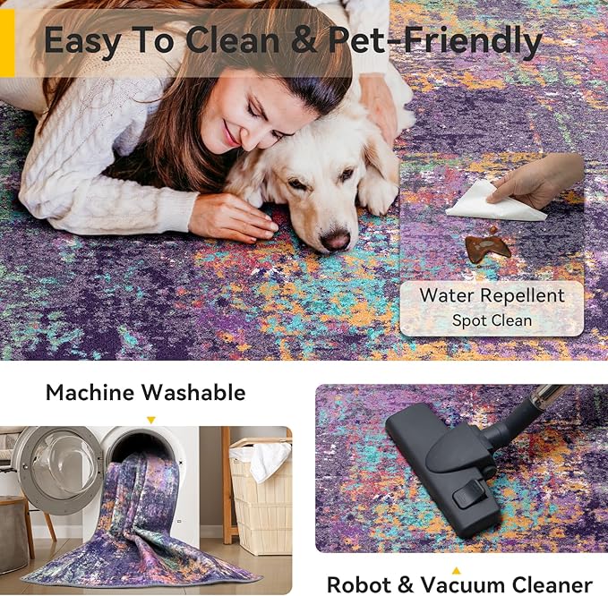 Washable Area Rugs 2'x3' Non-Slip Modern Abstract Soft for Living Room Entryway Bedroom Nursery, Print Pattern, Purple Orange Blue Green Rust Red Colorful