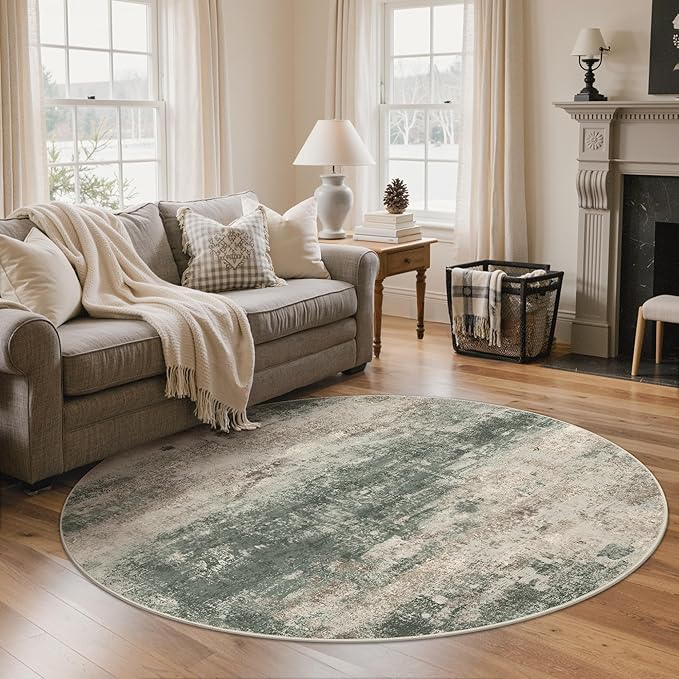 Round Rugs 5FT for Living Room Bedroom, Modern Abstract Machine Washable Circle Rug, Soft Low Pile Floor Cover with Non Slip Backing for Dining Room, Grey/Dark Green