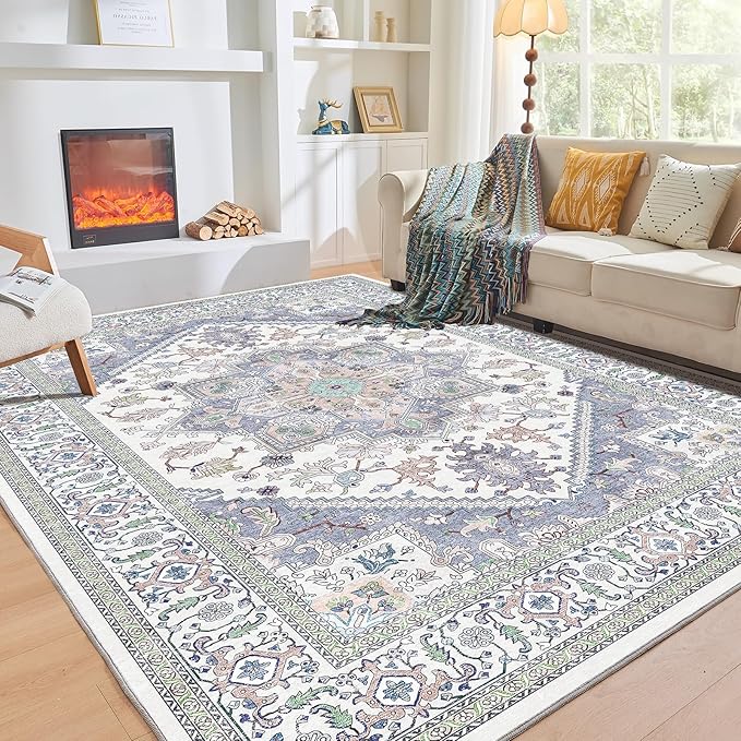 OPPODREAM Soft Area Rugs 9x12 Living Room, Washable Rugs 9x12 with Non Slip Backing, Faux Cashmere Low-Pile 9 x 12 Carpet, Purple & Green & Cream