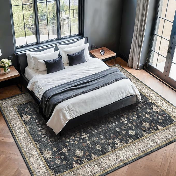 Hazo Haus Black Farmhouse Washable 7x10 Area Rugs for Living Room, Bedroom, Dining Room Table, Dark Charcoal Stain Resistant Non-Slip Large Washable