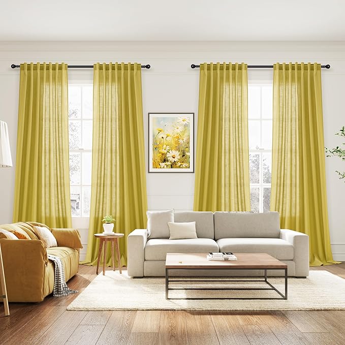 Nanspring Celery Yellow Linen Curtains 84 Inch Length 2 Panels Set for Living Room Back Tab Light Filtering Semi Sheer Curtain for Bedroom Farmhouse Drapes, 52x84 Inch, 2 Panels
