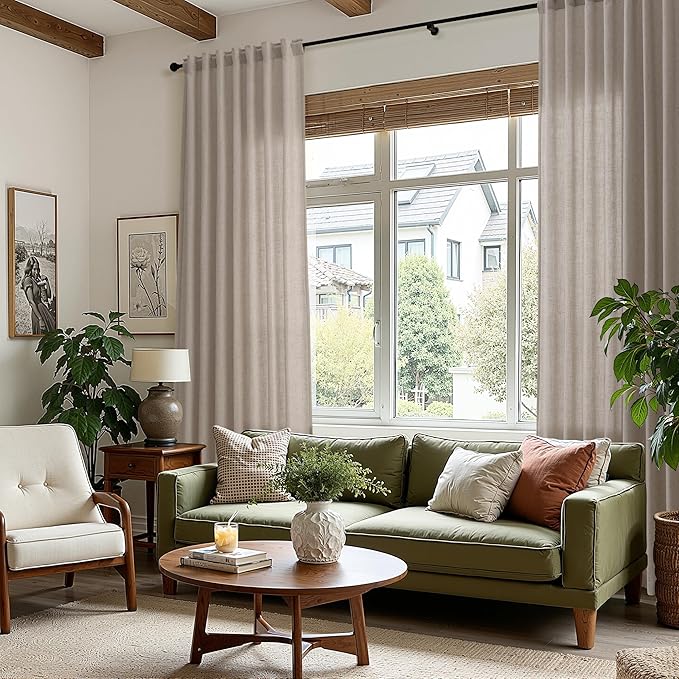 Nanspring Stone Beige Linen Curtains for Living Room 108 Inches Long Simple Modern Light Filtering Semi Sheer Curtain Back Tab Farmhouse Floor to Ceiling High Window for Bedroom 52x108, 2 Panels