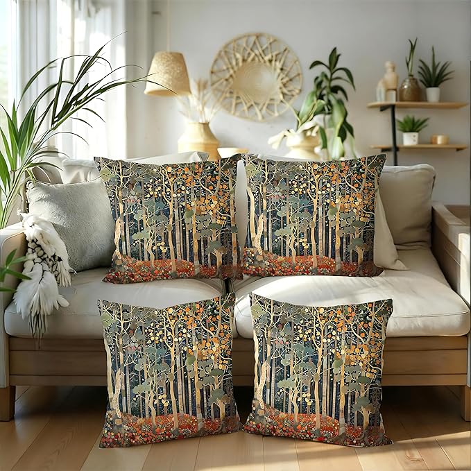 Rustic William Morris Inspired Autumn Forest Decor Pillow Covers 18x18 Set of 4,Fall Home Room Decor, Vintage Botanical Nature Decorative Throw Pillow Covers for Home Bedroom Living Room