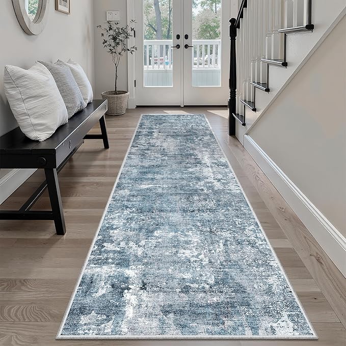 Runner Rug 2x8 Washable Non-Slip Hallway Runner Rugs for Kitchen Bathroom Laundry Room Blue/Grey Vintage Floor Carpet Runners for Hallways Entryway
