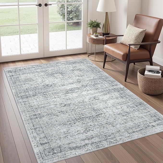 3x5 Washable Area Rug for Entryway, Soft Kitchen Rugs Non Slip for Dining Room, Vintage Abstract Living Room Rug, Thin Area Rugs Indoor for Bedroom, Kids Room Decor(3'x5', Grey/Ivory)