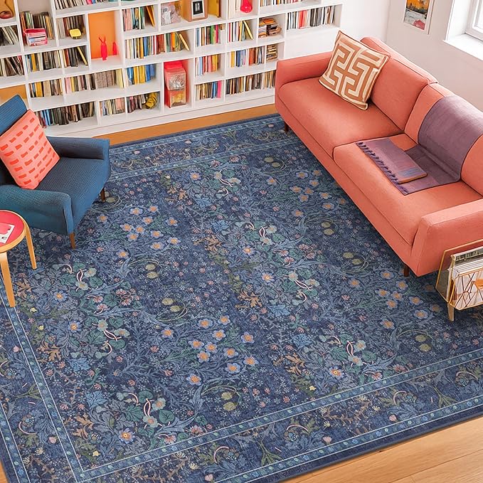 Dark Navy Blue Living Room Rug 5x7 Area Rug - Vintage Floral Forest Washable Mat for Dining Room, Bedroom, Low Pile Non Slip Stain Resistance Distressed Retro Indoor Boho Carpet