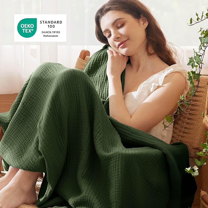 Bedsure 100% Cotton Muslin Blanket King Size for Bed - 4-Layer Breathable and Lightweight Thin Soft Summer Gauze Muslin Blanket for Adults, Olive Green, 108x90 Inches